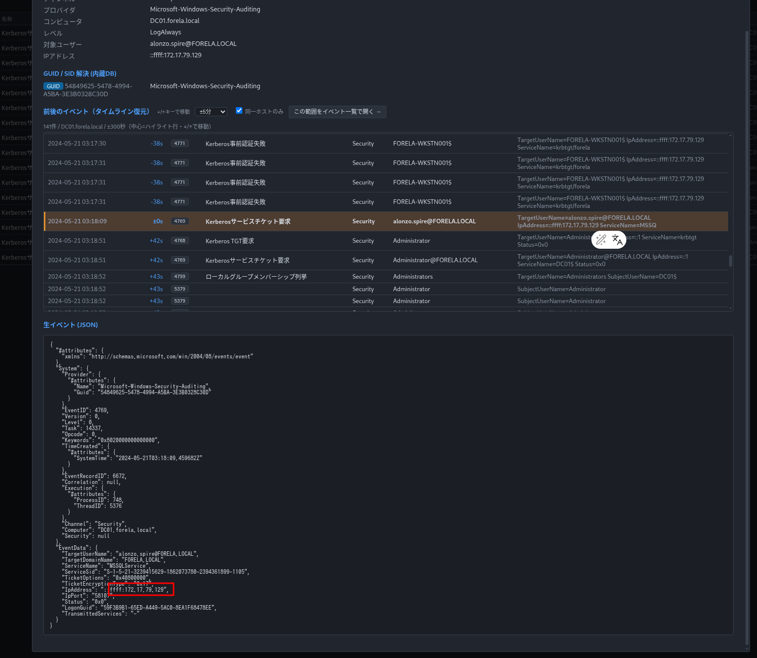 Event 4769 IpAddress = 172.17.79.129